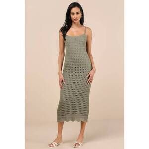 Lulus Ventura Vision Olive Green Crochet Lace-up Midi Dress - Size M